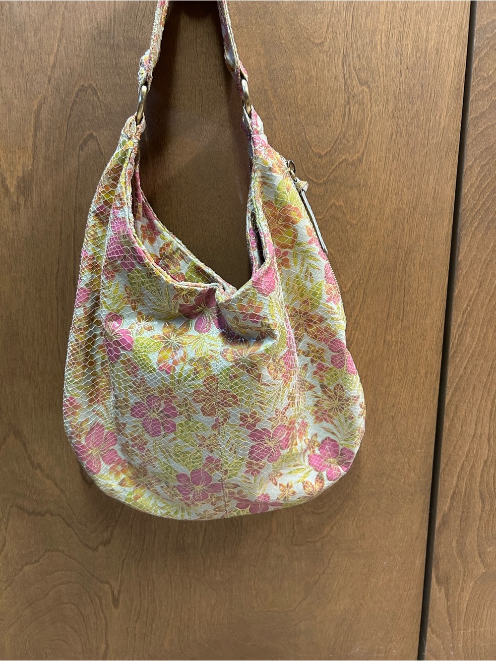 Floral Pink, Orange, Yellow, green HoboShoulder Bag. 13”h, 16 w, 5” d.